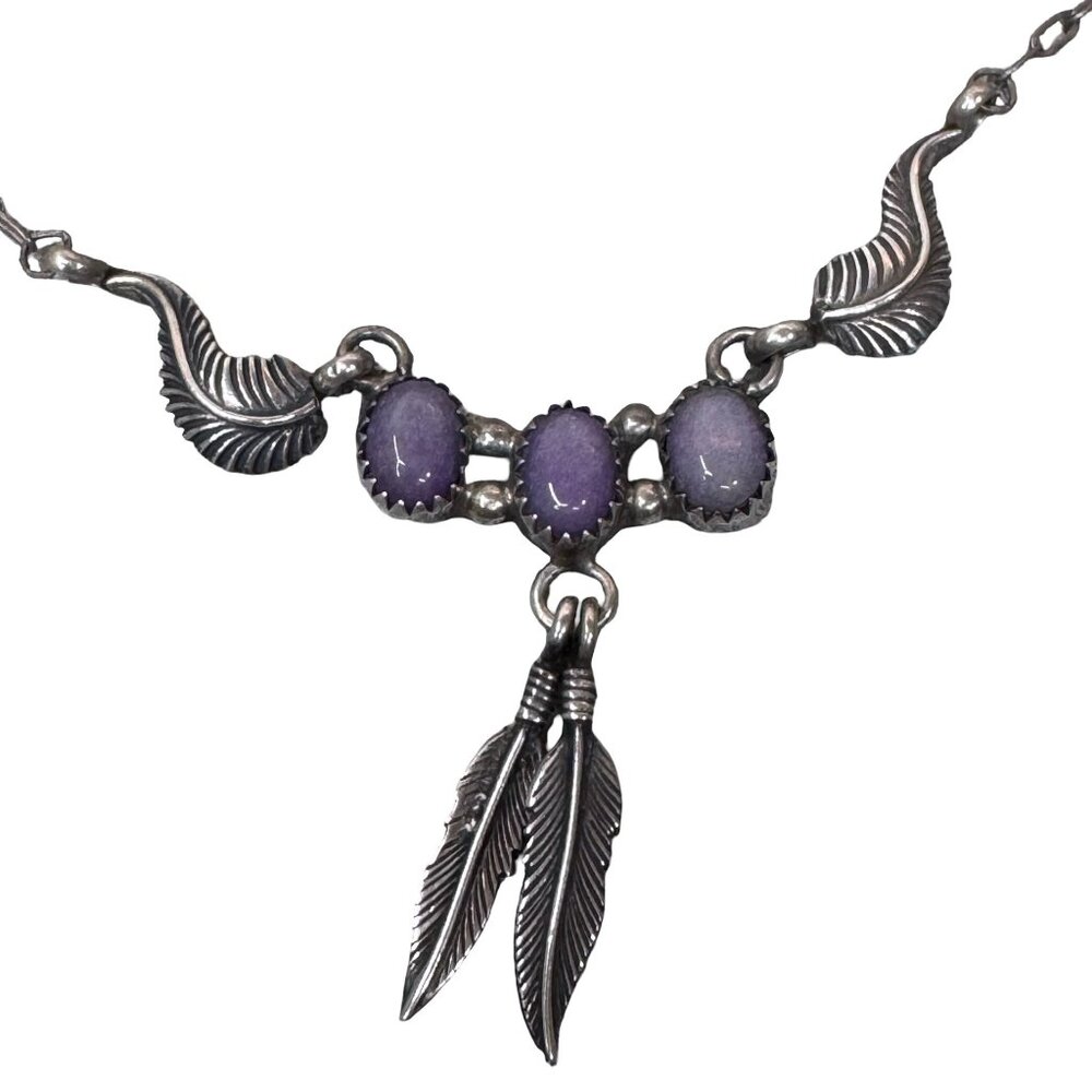 Vintage Navajo Sterling Silver Necklace Purple Amethyst Feather Pendant 20" - Picture 3 of 12